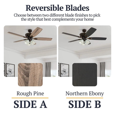 52 Inch Rustic Indoor LED Ceiling Fan With Light Kit, dope oil rubbed bronze finish, reversible blades in rough pine and northern ebony.
