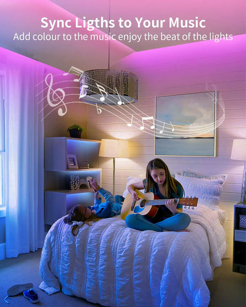 66Ft Waterproof LED Light Strips For Outdoor RGB Color Changing illuminating a bedroom with music sync feature