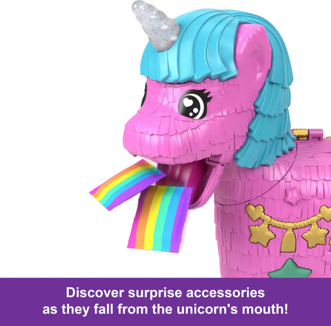 Unicorn Partyland Playset With Pocket Dolls And Pets, unicorn head with rainbow tongue revealing surprise accessories, close-up view.