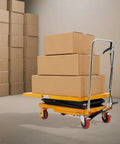 Rock Solid Double Scissor Hydraulic Lift Table Cart 770 Lbs Capacity with boxes on 4 wheel mobile platform in warehouse