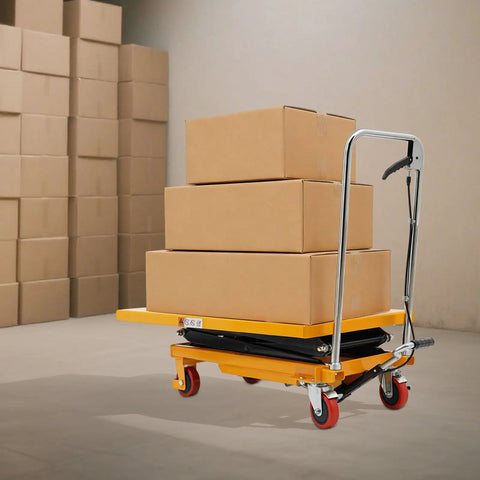 Rock Solid Double Scissor Hydraulic Lift Table Cart 770 Lbs Capacity with boxes on 4 wheel mobile platform in warehouse
