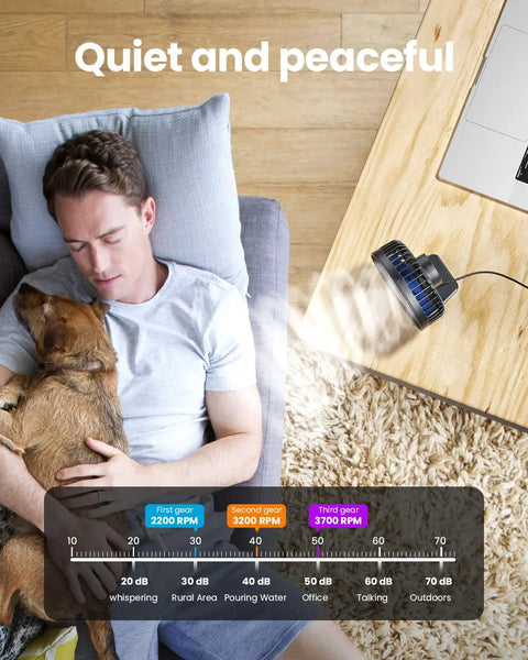 USB Desk Fan Personal Portable Cooler Tiny Yet Mighty With 3 Speeds Quiet Under 50dB Tabletop Fan on wooden desk, person sleeping nearby