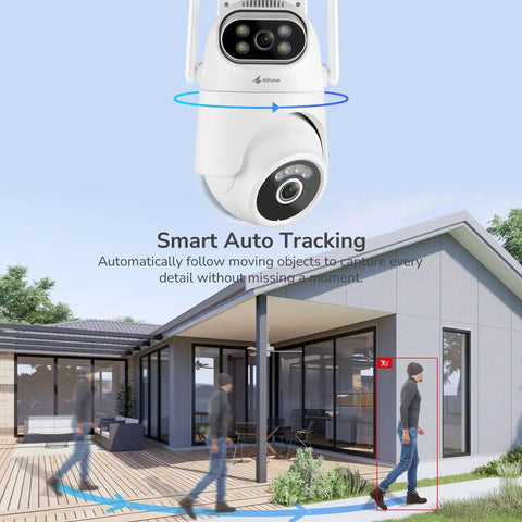 Wireless Dual-Lens 2K Outdoor Security Camera System With 360 Degree PTZ Auto Tracking Motion Detection near modern house