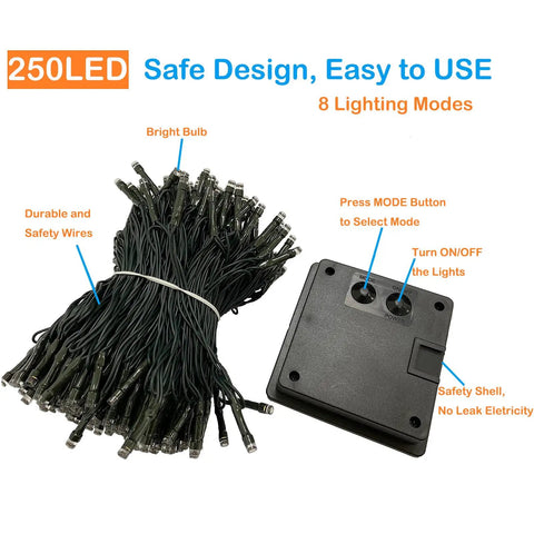 250LED light string bundle with control unit, labeled features, for outdoor decor use, not matching focus keyword exactly