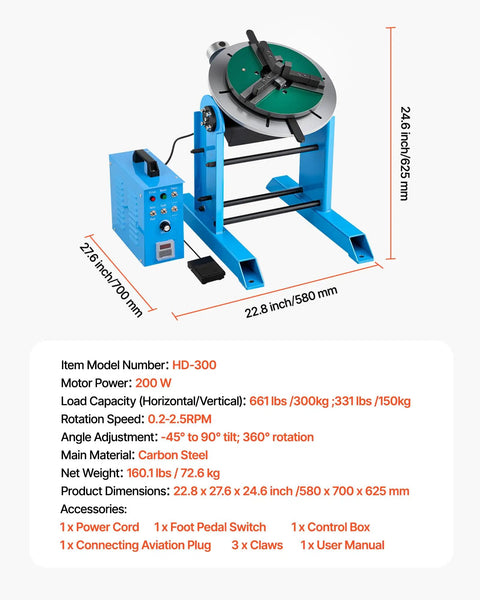 Heavy Duty Rotary Welding Positioner 661 Lbs Load Capacity, Electric Turntable With Foot Pedal Speed Control Tilt Table setup.