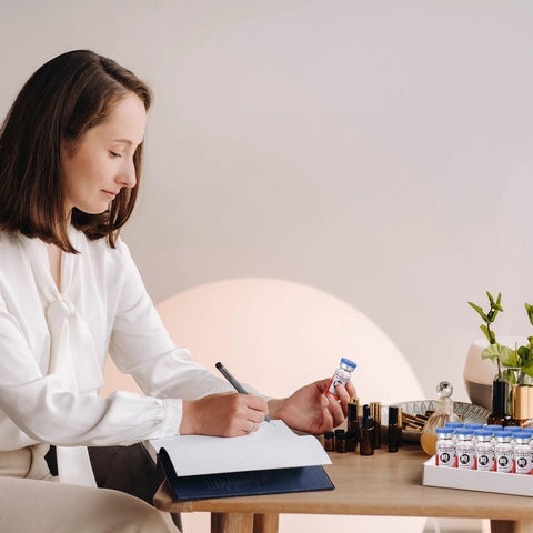 Front view: 20 sealed sterile 10ml glass vials with blue caps and label stickers on a desk