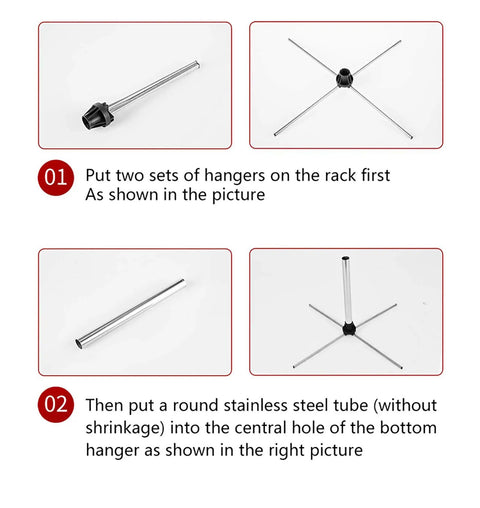 Assembly instructions showing hanger and stainless steel tube setup for Portable Travel Clothes Dryer 900W Compact Electric Dryer For Apartments, Foldable And Lightweight, 10kg Load, 110V, Space Saver Dryer For Small Spaces, Quick Drying For All Fabrics