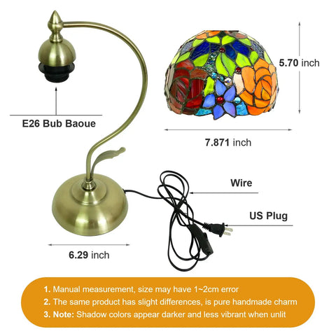 Rose Floral Stained Glass Table Lamp With Antique Brass Curved Base, Handmade Reading Lamp, LED Bulb Included disassembled parts