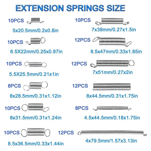 Sizes of extension springs from Heavy Duty Coil Spring Kit with 600 Piece Spring Assortment for Compression and Extension Resilience