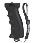 Ergonomic Camera Grip Stabilizer Rig for DSLR Mirrorless and Camcorder, with strap, shown in black, shock absorbing build.