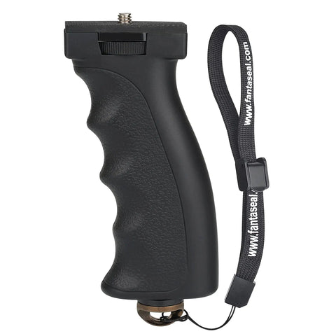 Ergonomic Camera Grip Stabilizer Rig for DSLR Mirrorless and Camcorder, with strap, shown in black, shock absorbing build.