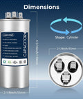 Dual Run 45/5 MFD Capacitor 370V/440V for air conditioners, cylindrical shape, dimensions label, top view with connectors