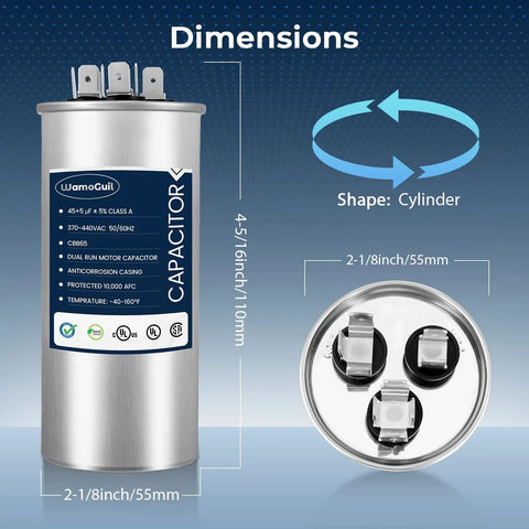 Dual Run 45/5 MFD Capacitor 370V/440V for air conditioners, cylindrical shape, dimensions label, top view with connectors