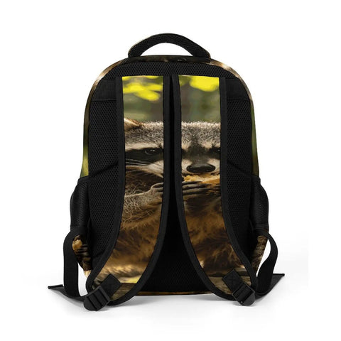 Back view of Rock Snack Raccoon Print Backpack Unisex Large Capacity Daypack with padded straps and breathable fabric