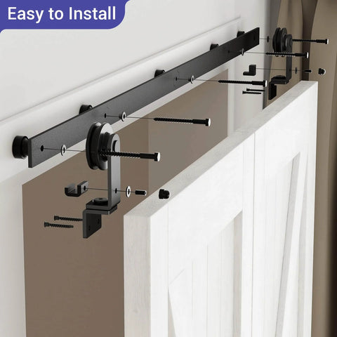 Two Door Bi Folding Sliding Barn Door Hardware Kit 42 Inch Black Track Top Mount Rollers installation view