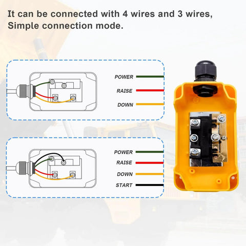 Diagram and close-up of Dump Trailer Remote Control Switch 12V DC Up And Down Control for Lift Gate Trucks with wiring guide.