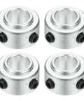 Four Pack Aluminum Shaft Collars 5/16 Inch ID, 5/8 Inch OD, 3/8 Inch Thick Locking Collars for Gearbox Assemblies, Machine Tools, and Industrial Equipment, shown as four aluminum set-screw collars