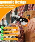 Heavy Duty Wire Stripper Cable Cutter With 45 Steel Body And Stainless Return Spring For Electricians Auto Opening Pliers Crimper Tool in use with orange grips and wires.