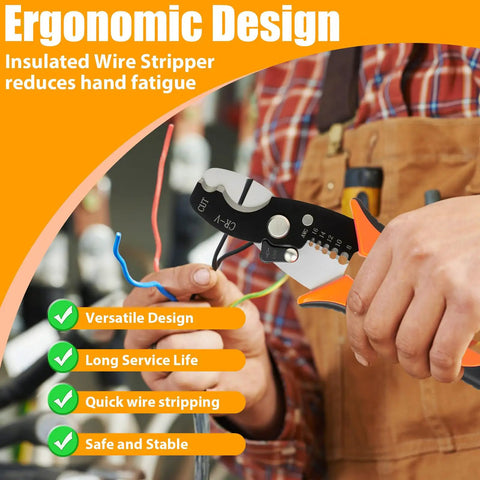 Heavy Duty Wire Stripper Cable Cutter With 45 Steel Body And Stainless Return Spring For Electricians Auto Opening Pliers Crimper Tool in use with orange grips and wires.