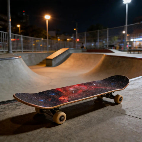 Skateboard with Grippy Sandpaper Grip Tape For Skateboard Non Slip Matte Pad For Tricks And Grinds in skatepark at night