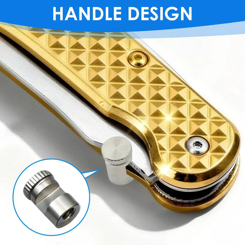 Universal Quick Open Thumb Studs For Folding Knives Kwik Compatible, showing gold handle design and silver stud detail.
