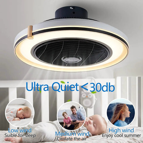 20 Inch Modern Enclosed Ceiling Fan With Light Low Profile Quiet Ceiling Fan For Bedroom Living Room Kitchen Built In Copper Motor Strong Breeze Low Noise Ideal For 100 To 200 Sq Ft showcased in a bedroom setting highlighting quiet operation at <30db