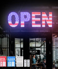 Huge 30x10 Inch LED Open Sign With Dimmable Three Modes And 720 Bright LEDs US Flag Design On Durable Aluminum Base outside cafe