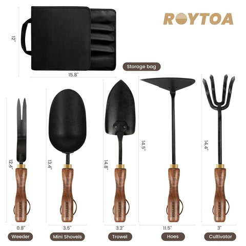 Five Piece Garden Tool Set With Stainless Steel Heads And Ergonomic Walnut Handles Grab And Go Cultivator Hoes Shovel Trowel And Weeder