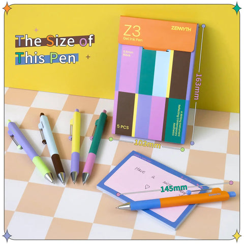 5 Pack Gel Pens 0.5mm Fine Point Retractable With Diamond Barrel Quick Dry Ink for journaling, office use with size dimensions shown