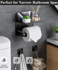 Toilet Paper Holder With Shelf And Towel Hooks Wall Mount Easy Install Adhesive Or Screw Mount Stainless Steel Matte Black Bathroom Organizer Kit With Phone Shelf Rust Resistant Dope Storage Solution showcasing towels and decor.