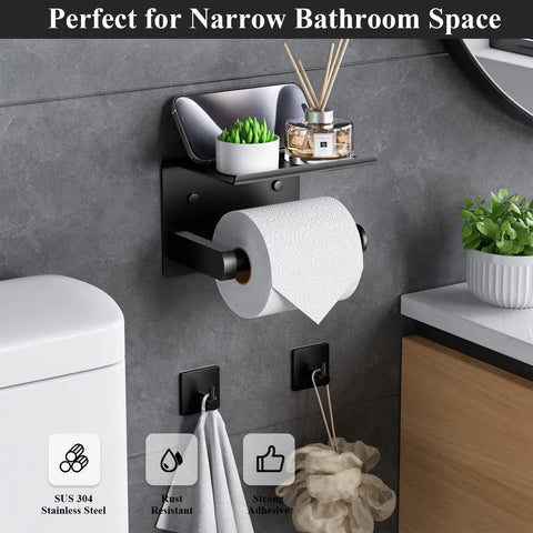 Toilet Paper Holder With Shelf And Towel Hooks Wall Mount Easy Install Adhesive Or Screw Mount Stainless Steel Matte Black Bathroom Organizer Kit With Phone Shelf Rust Resistant Dope Storage Solution showcasing towels and decor.