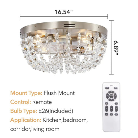 Cool Low Profile Boho Ceiling Fan With Light And Remote Control, Crystal Cage Design, Modern Flush Mount with dimensions