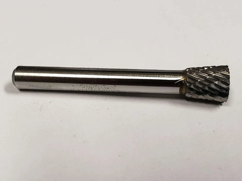 SN 2 Inverted Cone Carbide Burr With Double Cut For Metalworking, Three Eighths Inch Shank, solid tool on plain background.