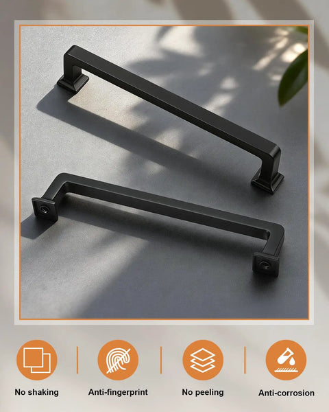 Matte Black Cabinet Pulls Pack Of 20, 5 Inch Length, 128mm Hole Center, shown on textured surface