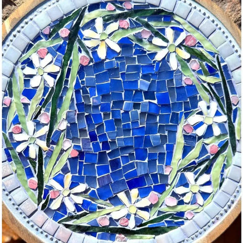 9 Inch Mosaic Art Lazy Susan With Handcrafted Stained Glass Design showcasing floral pattern on blue background
