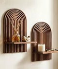 Set Of Two Boho Floating Wall Shelves For Cool Room Vibes And Rustic Display Space Featuring Dead Easy Mounting And Premium Solid Craftsmanship To Truly Level Up Your Decor Game, featuring wooden brackets supporting decor items.
