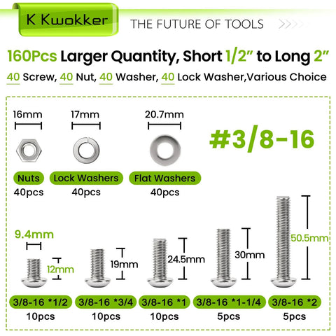 Infographic showcasing 304 stainless steel bolt nut set with dimensions and quantities for home improvement projects.