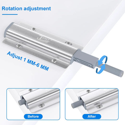 Silver finish push to open cabinet latch with magnetic touch latches for hidden doors, rotation adjustment feature shown.