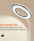 Eye Caring LED Desk Lamp with 3 Color Modes No Glare and Four Brightness Levels Dimmable with Adapter Touch Control and 360 Degree Flexible Neck ideal for home office and study desks, showing illuminated LED ring with flexible neck