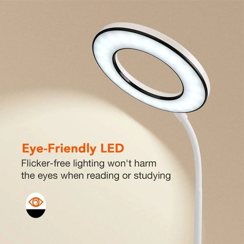 Eye Caring LED Desk Lamp with 3 Color Modes No Glare and Four Brightness Levels Dimmable with Adapter Touch Control and 360 Degree Flexible Neck ideal for home office and study desks, showing illuminated LED ring with flexible neck