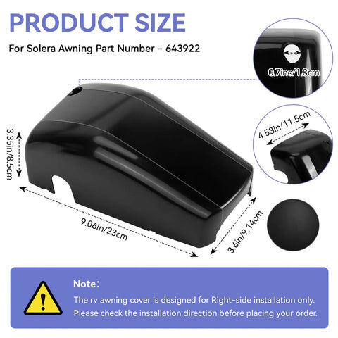 643922 Right RV Awning Head Cover End Cap For Camper Trailer Awnings Replacement Front Idler Drive Cover Compatible With Short Flat And Pitched Awnings, black ABS, 9.06 x 3.35 in