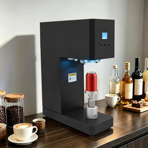 Heavy Duty Commercial Can Sealer Machine With LED Display And Intelligent Counting For Cafes Bars, adjustable height with red can on counter.