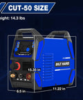 50A Plasma Cutter With Non Touch Pilot Arc Dual Voltage 110V 220V IGBT Inverter Digital Display showing dimensions