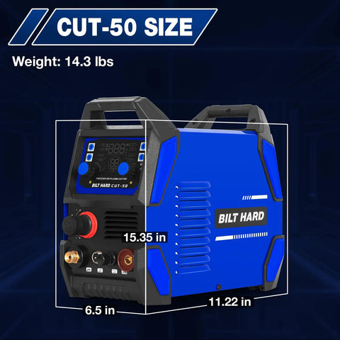 50A Plasma Cutter With Non Touch Pilot Arc Dual Voltage 110V 220V IGBT Inverter Digital Display showing dimensions