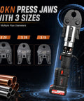 60KN press jaws with 3 sizes for crimping, S25, S20, S15 for multiple pipe diameters, built-in LED work light.