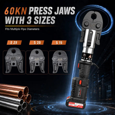 Best Electric Crimping Tool 21V 60KN Cordless Pipe Press Kit For Copper And PEX Plumbing showing 60KN press jaws with 3 sizes for various pipe diameters.