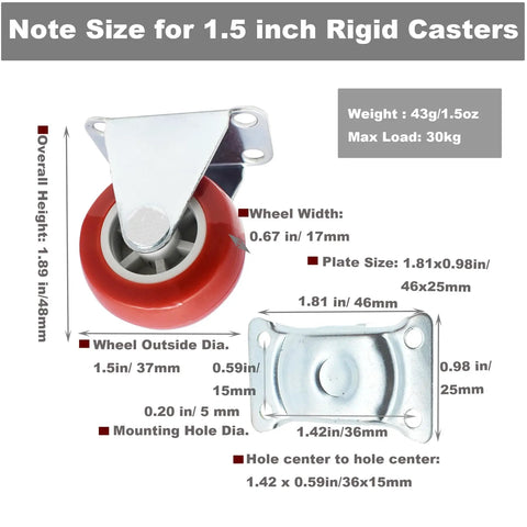 Diagram of 1.5 Inch Rigid No Swivel Plate Caster Wheels for furniture, showing dimensions, weight, and hard rubber material.