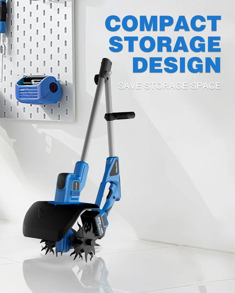 Cordless Garden Tiller 20V No Cord Hassle With 8.6 Inch Cultivator Head shown in compact storage position