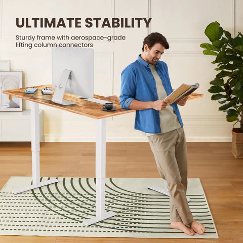 Ergear 63 Inch L Shaped Electric Standing Desk Adjustable Height Light Vintage Finish showcasing sturdy steel frame and lifting column