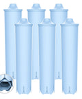 Six blue EcoAqua replacement coffee filter cartridges for Jura and Capresso machines; front view.